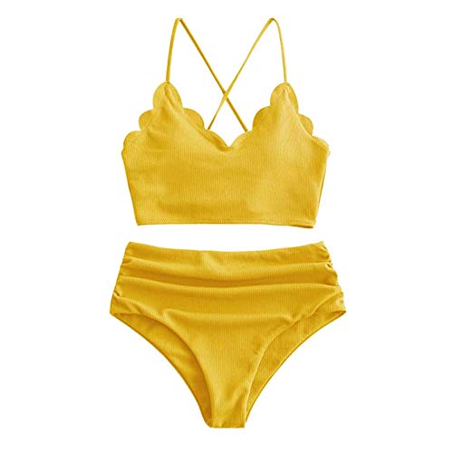 AFFGEQA Damen Bikini Set Bademode Crossback Verband Zweiteilige Neckholder High Waist Bikinihose Split Badeanzug Bauchweg Swimsuit Strandmode Rot Gelb Cover