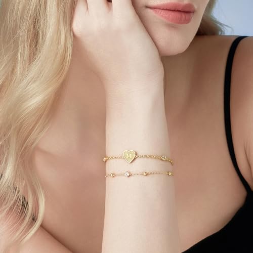 Cicy Bell Gold Initial Bracelets for Women Dainty 18K Gold Plated Layered Cubic Zirconia Bracelet Personalized 26 Alphabet Monogram Charm Bracelet2