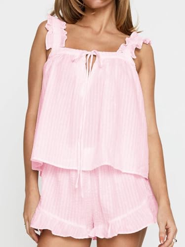 Womens Ruffle Short Set 2 Piece Outfits Fashion Summer Sleeveless Top and Shorts Cozy Pajama Sets2