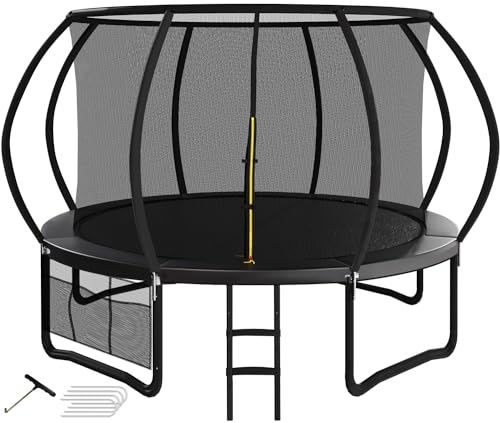 Devoko Trampolino da Esterno Ø 244/305/366/427 cm, Certificazione GS, per Bambini, con Rete di Sicurezza, Copertura Antipioggia, Scala, Design a Zucca, Portata Massima 150 kg