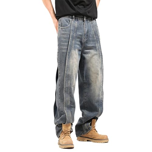 Mens Denim Baggy Pants Mid Waist Casual Streetwear Wide Leg Jeans Hip Hop Skater Trousers