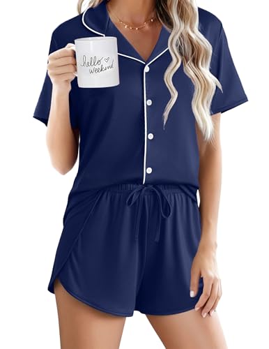 Image of Ekouaer Pajamas for Women Set Button Up Sleepwear 2 Piece Pjs Lounge Set Short Sleeve Nightwear