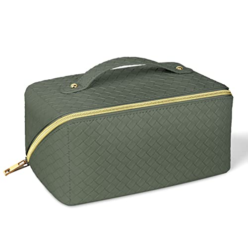 Aucuu Bolsa de cosméticos de Viaje de Gran Capacidad para Mujeres y niñas, Bolsa de Maquillaje de Almacenamiento en Capas Impermeable de Cuero de PU (Verde Menta)