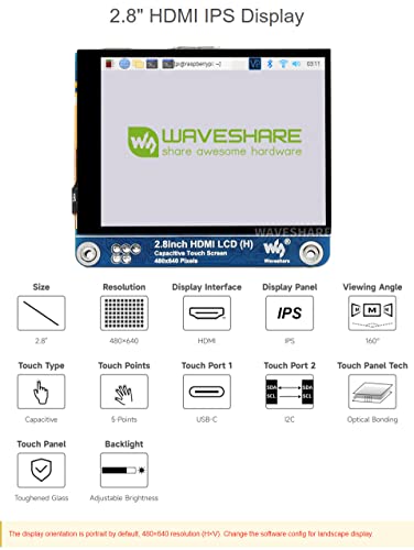 Image of waveshare 2.8inch HDMI IPS LCD Display, Compatible with Raspberry Pi 5 /4B /3B /Zero /Zero W /Zero 2W /Pico /Pico W /Pico WH, 480x640 Resolution Supports Jerson Nano /Windows