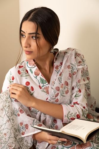 Nainvish Women's Viscose Rayon Printed A-Line V-Neck Kurta Pant With Dupatta (Sd710_Kbd-Xl_White)