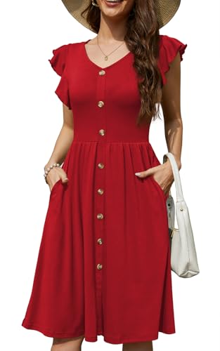 Lamilus Summer Dresses for Women 2026 Casual Swing Knee-Length Dress: V-Neck, Ruffle Cap Sleeves Flattering Shoulders, Front Button Down & Side Pockets, Ideal for Vacation & Daily Wear (Large,Red)