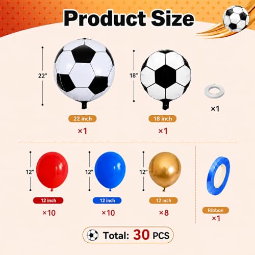 Image of Soccer Balloons, 12 Inch Red and Blue Metallic Gold Latex Balloons with Soccer Ball 4D Foil Balloon for Boys Kids Sport Theme Birthday Decorations Football Lover Men Party Baby Shower Decor Supplies