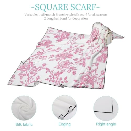 Pink Floral Rose Toile Pattern Women Hair Scarf Square Silk Like Head Scarves Handkerchief Satin Neck Scarf4