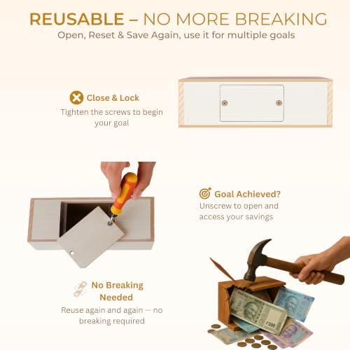 Image of Unbreakable Wooden Money Saving Box for Adults - 1 Lakh Capacity | Reusable Piggy Bank | Money Bank with Amount 100000 | One Lakh Gullak, Kidddy Bank for Kids, Men, Women, Girls, Boys | 1 Yr Warranty
