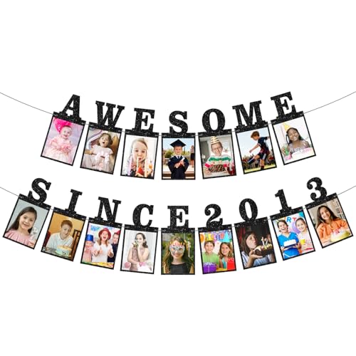 Pre-strung Awesome Since 2013 Photo Banner Birthday Decorations for Girls Boys- Black Glitter Sweet 13th Birthday and Anniversary Decorations Party Supplies