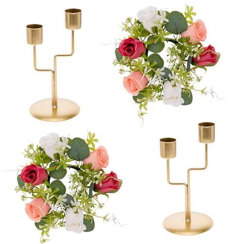 2 Set Metal Candle Holder with Artificial Flower Candle Rings Wreaths Fake Rose Eucalyptus Leaves for Home Decor Wedding Table Centerpiece
