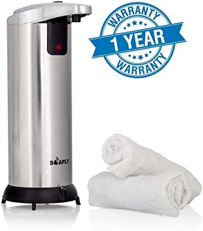 Soaply Automatic Touchless Soap Dispenser | Hands-Free Kitchen & Bathroom Countertop Use | Stainless Steel, Battery Powered | Incl. 2 Plush Hand Towels & 1-Year Warranty