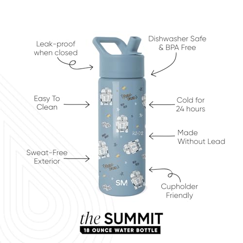 Image of Simple Modern Kids Summit Water Bottle with Straw Lid | Star Wars 18oz Stainless Steel Cup Insulated Tumbler for Girls, School | R2D2 Rebel Droid