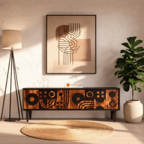 Image of DecorNation Akiwa 62 Inch TV Unit, Sheesham Wood, Black | Carved Door TV Console Cabinet, Storage, Engineered Wood Entertainment Unit, For Living Room