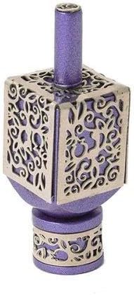 Yair Emanuel Decorative Dreidel on Base Purple Anodized Aluminum with Silver Colored Metal Cutout Floral Design Hanukkah Dreidel Spinning Top, Size Medium