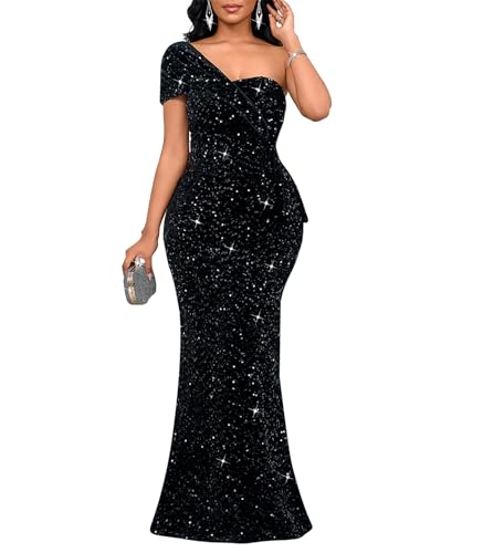 Cololura Women Sexy Sequin One Shoulder Mermaid Formal Party Cocktail Gowns Bodycon Evening Maxi Dress Black