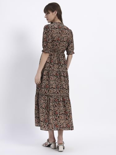 Image of Women's Fit and Flare Dress I Pure Cotton Long Summer Maxi Dress I V-Neck I Casual Wear I Printed Kalamkari Floral Middi