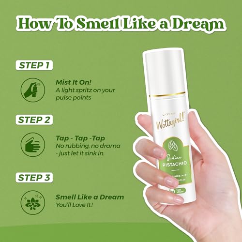Image of Layer'r Wottagirl Sicilian Pistachio Fragrance Mist for Women 120ml | 100% Vegan | Sweet Pistachio, Bergamot & Vanilla Scent | Long-Lasting Body Mist | Alcohol-Free | IFRA Certified