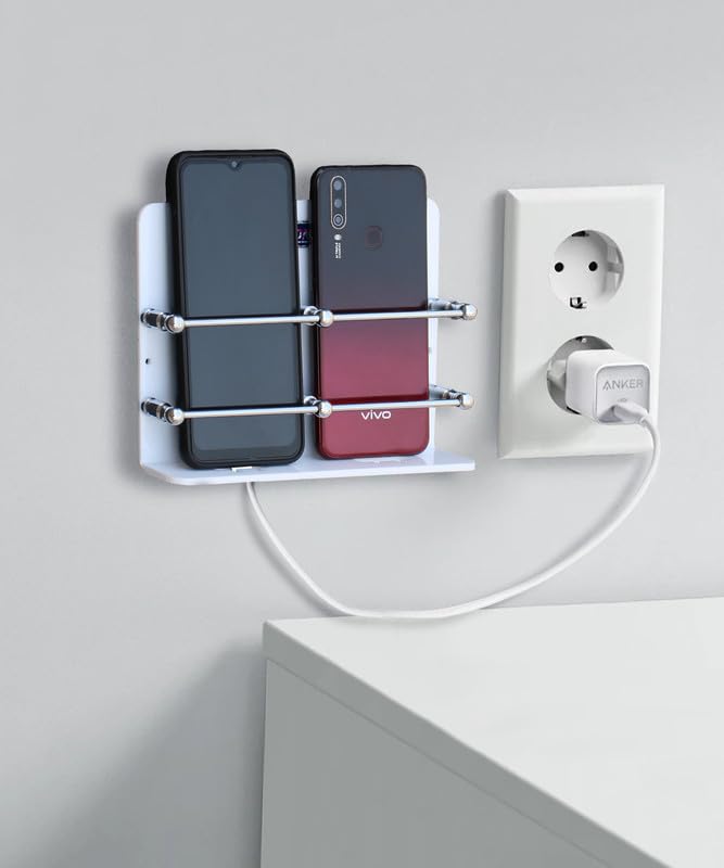 STONE Acrylic Double Mobile Holder Stand for Mobile Charging, TV & AC Remote Holding and Keys Hanging at Home, Office, Bedroom, Hotel Wall Mount Multipurpose Stand (White)