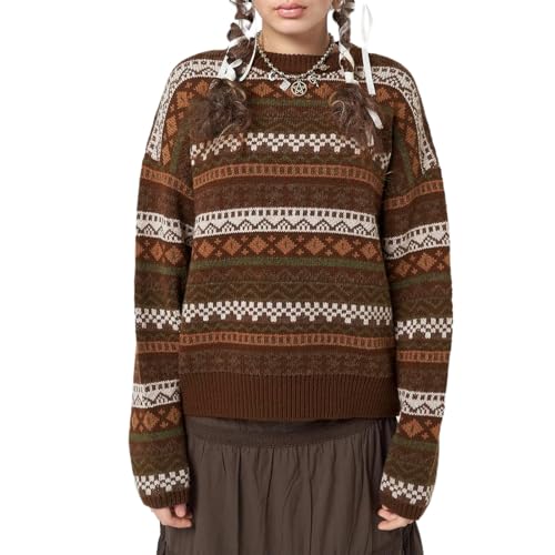 Image of Women Vintage Striped Pullover Sweater Y2k Long Sleeve Crew Neck Loose Knit Sweaters Fall Winter Knitwear
