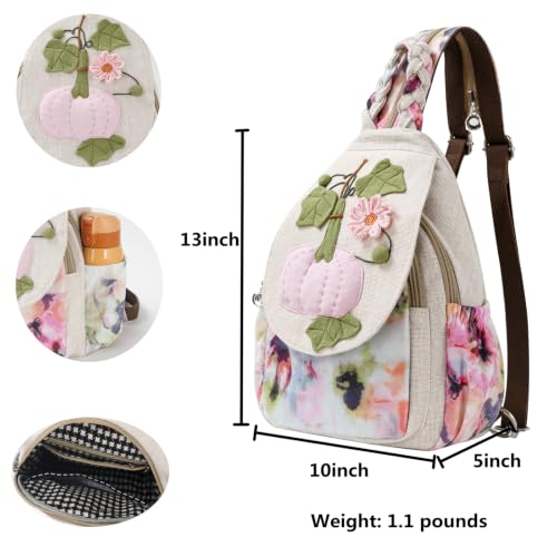 Image of Women's Cotton Hemp Cloth Backpack(Pumpkin) | Boho Vintage, Embroidered, Casual Purse Handbag, Messenger Bag, Butterfly