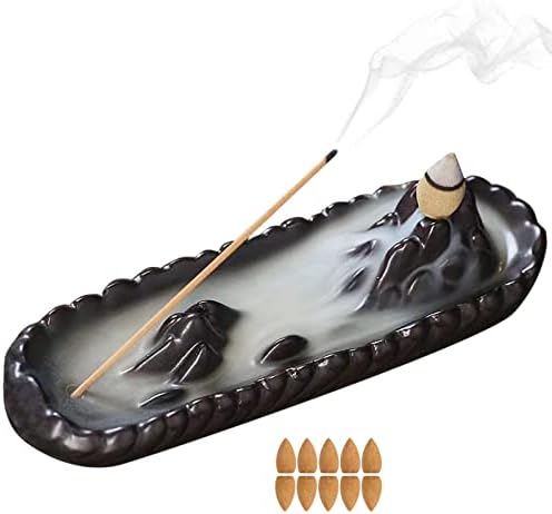 ALLACE Waterfall Backflow Incense Burner Ceramic, Handmade Incense Cone Holder for Sticks, Aromatherapy Ornament Home Decor Porcelain Yoga Meditation Spa Relaxation Office Funny Gift with 10 Cones