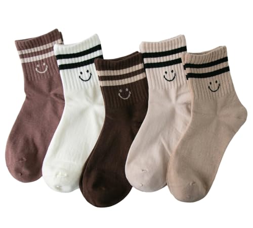 Image of Deeorla Womens Striped Crew Socks Brown Vintage Retro Athletic Socks 5 Pairs