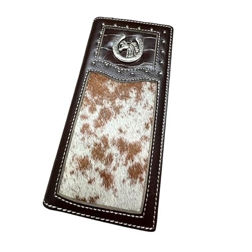 Men’s Long Leather Wallet – Hand Tooled Brown Rodeo Bifold with Hair-On Cowhide and Horse Horseshoe Concho – Western Checkbook Wallet for Cowboys & Equestrian Gifts