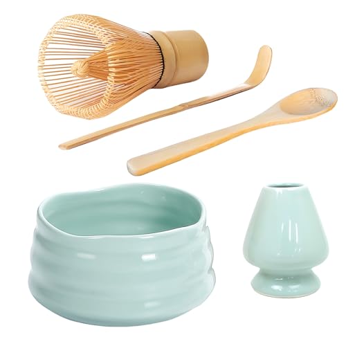 Matcha Set 5-Teilige mit Matcha Schale aus Keramik, Besen, Besenhalter, Schöpflöffel, Teelöffel, Geschenkbox Verpackung, Handgefertigtes Matcha Tee Set für Japanische Teezeremonie (GrünCyan) Matcha Set 5-Teilige mit Matcha Schale aus Keramik, Besen, Besenhalter, Schöpflöffel, Teelöffel, Geschenkbox Verpackung, Handgefertigtes Matcha Tee Set für Japanische Teezeremonie (GrünCyan)