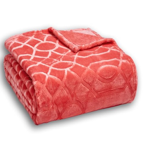 Serenhom Soft Cozy Fleece Throw Blanket 50x60 Inches Lightweight Plush Blanket for Couch Fuzzy 3D Jacquard Design for Sofa Bed & Travel - Coral