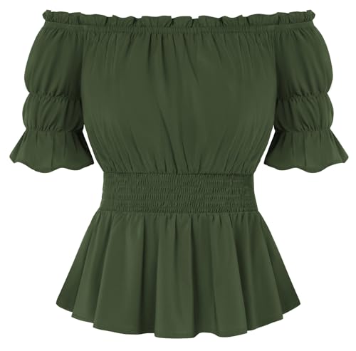 Image of SCARLET DARKNESS Women's Medieval Off-Shoulder Elastic Waist Top with Ruffled Neckline, Sleeves and Hem Green S