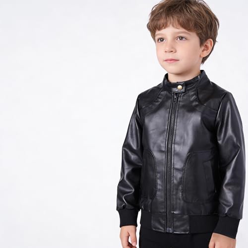 Image of Boys Trendy Stand Collar PU Leather Moto Jacket - Winter Warm Lined Coat with Zipper Closure for Kids (Age 3-12)