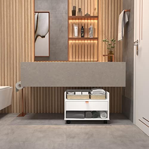 Gabinete Armário para Banheiro 60cm de Madeira com Rodízios Gaveta Branco com Cobre