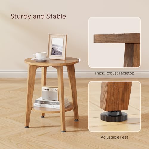 Image of Simple Trending Round Side Table, Small End Table, Nightstand Bedside Table with Tapered Legs, for Living Room, Rustic Walnut