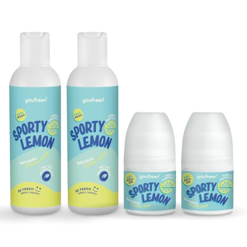 youfreen Happy-Routine-Set: Duschgel (2x200ml) und Deodorant (2x50ml) für Kinder & Teens/Deo für Kinder/Jungen & Mädchen/vegane Naturkosmetik/Bio-Aloe-Vera/Deoroller (Sporty Lemon)