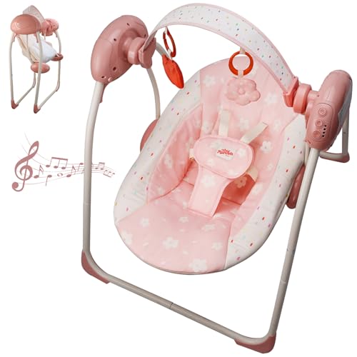Image of Baby Swings for Infants, Tiny Marvels Portable Swing with Adaptable Speed, Music, Removable-Toy-Bar, Foldable Infant Swing for Indoor and Outdoor Use, 0-9 Months 6-20 lbs(Blush Bloom)