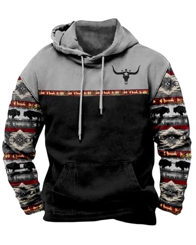 ZOCAVIA Mens Aztec Hoodie Cowboy Western Sweatshirt Oversized Graphic Sweatshirt Long Sleeve Hooded Sweatshirt Plus Size
