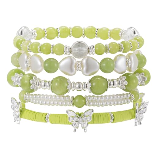 Besydec Stackable Boho Beaded Bracelets With Natural Stone & Pearl Heart & Clay Beads for Women,Adjustable Silver Jewelry