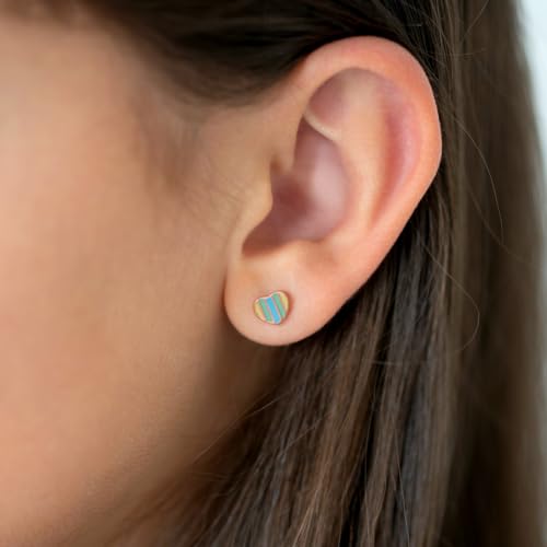 925 Sterling Silver Rose Gold Flashed Multicolor Enamel Heart Love Earrings for Young Girls, Pre-Teens and Teens - Vibrant Blue and Green Heart Earrings For Girls3