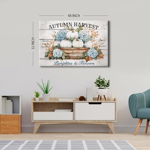 Image of Large Flowers Pumpkin Wall Art Fall Decorations for Home Living Room Wall Decor, Farmhouse Blue and White Hydrangea Floral Poster Canvas Prints Vintage Autumn Harvest Painting Artwork 32x48 inch