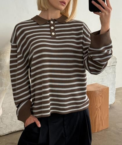Women Y2K Striped Polo Sweater Long Sleeve Color Block Lapel V Neck Knit Jumper Tops Oversized Sweater2