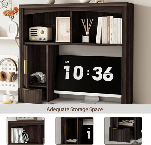 Image of Desktop Shelf, Wooden Desk Hutch with Storage, Desktop Bookshelf with Cabinet and Drawer, Office Desk Organizer, Space-Saving Organization, Over Desk Storage Shelves for Home, Dorm, Walnut