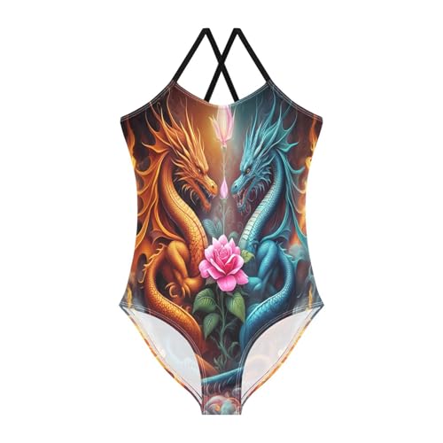 Dragons Red Blue Girls Bathing Suits One Piece, Summer Beach Swimsuit Girls, 3-10