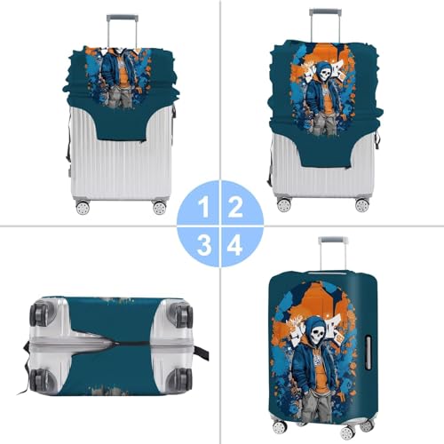Image of Graffiti Skull Luggage Cover - Trendy Street Style Suitcase Protector with Blue and Orange Hoodie Design - Fits 20 inch to 22 inch Luggage,S
