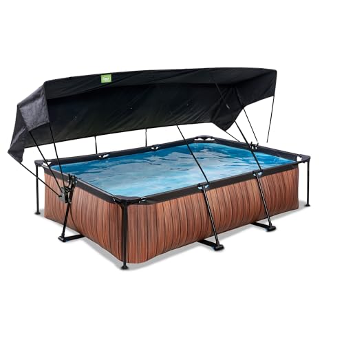 EXIT Toys Wood Pool con Toldo Solar - 300x200x65cm - Piscina de Marco Rectangular Compacta con Bomba de Filtro de Cartucho - Protección UV Óptima - Fácil Acceso - Diseño Único - Marrón