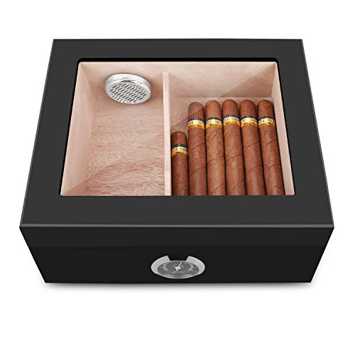 Cigar Humidor, Spanish Cedar Wood Cigar Desktop Box, Glass Top for 25-50 Cigars Luxury Hygrometer and Humidifier, Desktop Humidors Gloss Black - Thumbnail 6