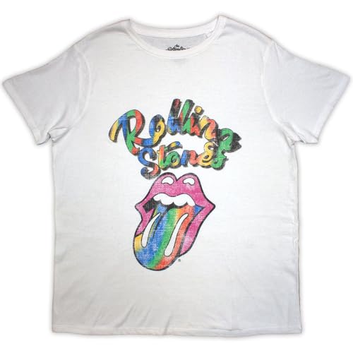 Rolling Stones The T Shirt Multicolour Tongue Official Womens Skinny Fit White L