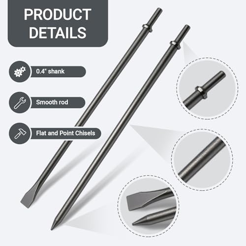 2 Pack 18\" Air Hammer Bits Attachments,0.401 Inch Shank Chisel Bit Set,Cr-Mo Alloy Steel Punch