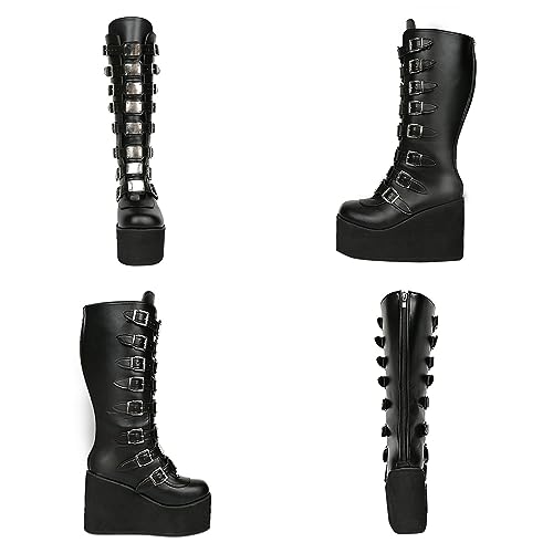 Image of Parisuit Women's Knee High Goth Platform Boots Lace Up Combat Boots | Chunky High Heel, Buckle Boots, Punk Chain Boots