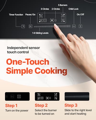 Image of VEVOR Built in Electric Stove Top, 30inch 5 Burners, 240V Glass Radiant Cooktop with Sensor Touch Control, Timer & Child Lock Included, 9 Power Levels for Simmer Steam Slow Cook Fry